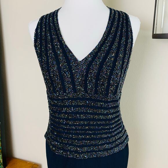 Vintage JKARA New York Size 10 Beaded Formal Evening Maxi Dress Navy Blue - Picture 2 of 10